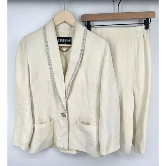 Vintage Criscione New York Blazer/Skirt Suit Set Small Embellished Collar Ivory - Picture 1 of 10